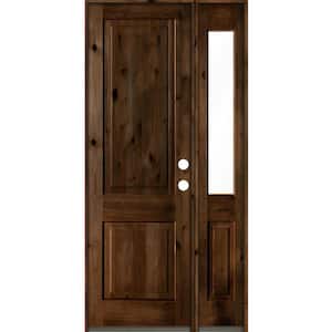 44 in. x 96 in. knotty alder Left-Hand/Inswing Clear Glass Provincial Stain Square Top Wood Prehung Front Door w/RHSL