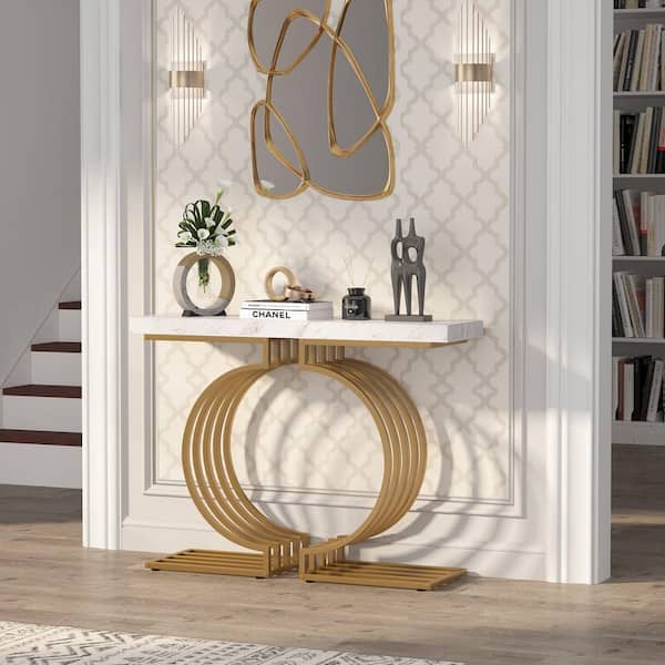 BYBLIGHT Turrella 40 in. Faux Marble White 32 in. Height Rectangle MDF Console Table with Gold Base, Modern Entryway Sofa Table