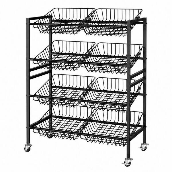 4-Tier 25.2 in. W Metal Fruit Basket Vegetable Stand with 8 Removable Baskets for Kitchen Storage, Rolling Snack, Black