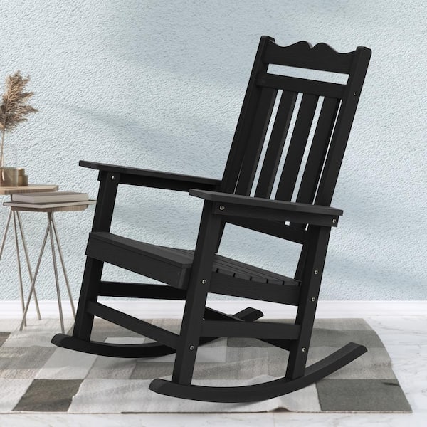 Sonkuki Black Plastic Outdoor Adirondack Rocking Chair with Big Armrests Weather Resistant Easy Installation Rocking Chair