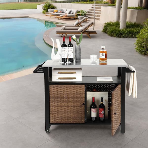 Brown Wicker Outdoor Bar Cart with Wheels, Stainless Steel Extended Table Top, Patio Kitchen Island Storage Cabinet
