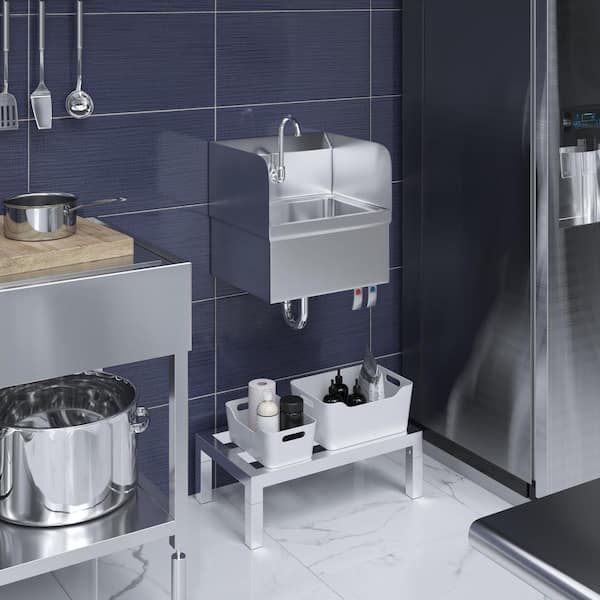 17 in. x 15 in. Wall Mounted Stainless Steel 1 - Basin Hands Free Sink with Double Knee Valves and Faucet