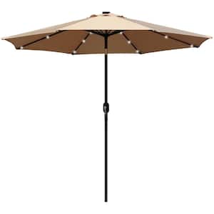 9 ft. Steel Market Crank and Tilt Round Solar Light Patio Umbrella in Tan
