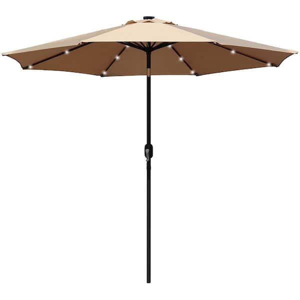 Maypex 9 ft. Steel Market Crank and Tilt Round Solar Light Patio Umbrella in Tan