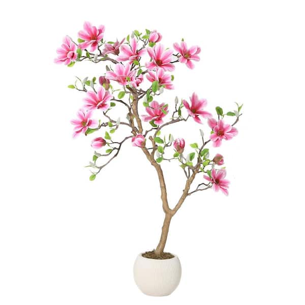 4 ft. Realistic Pink Artificial Magnolia Tree in Pot - Lifelike Silk Leaves and Flowers for Home Office