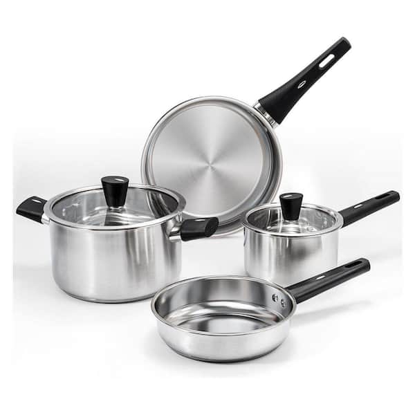 6-Piece Stainless Steel Cookware Set Silver Tri-Ply Stay-Cool Handle Induction Dishwasher Safe Pots and Pans