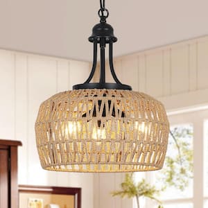 Caneo 13 in. 3-Light Woven Rattan Farmhouse Brown Chandelier Light With Woven Lampshade For Hallway, Island, Dining Room