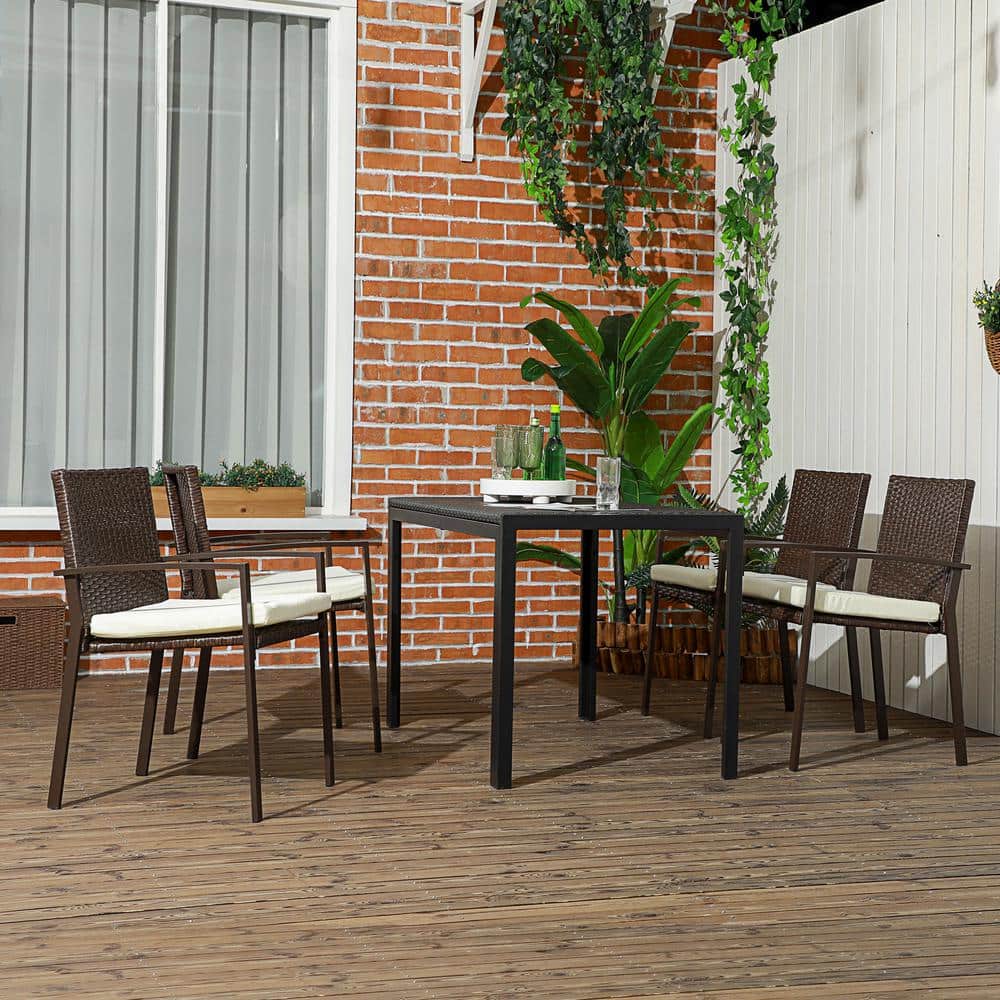 4-Pieces PE Rattan Outdoor Dining Chairs with Cushion, Cream White, Patio W