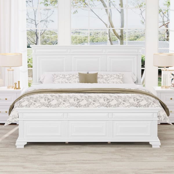 Abner White Solid Wood Frame King size Platform Bed with Slat, Tall Headboard, and Footboard