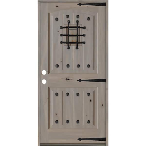 32 in. x 80 in. Mediterranean Knotty Alder Arch Top 2 Panel Right-Hand/Inswing Grey Stain Wood Prehung Front Door