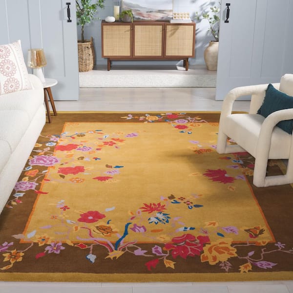 Metro 8 ft. x 10 ft. Gold/Brown Floral Border Ornate Area Rug