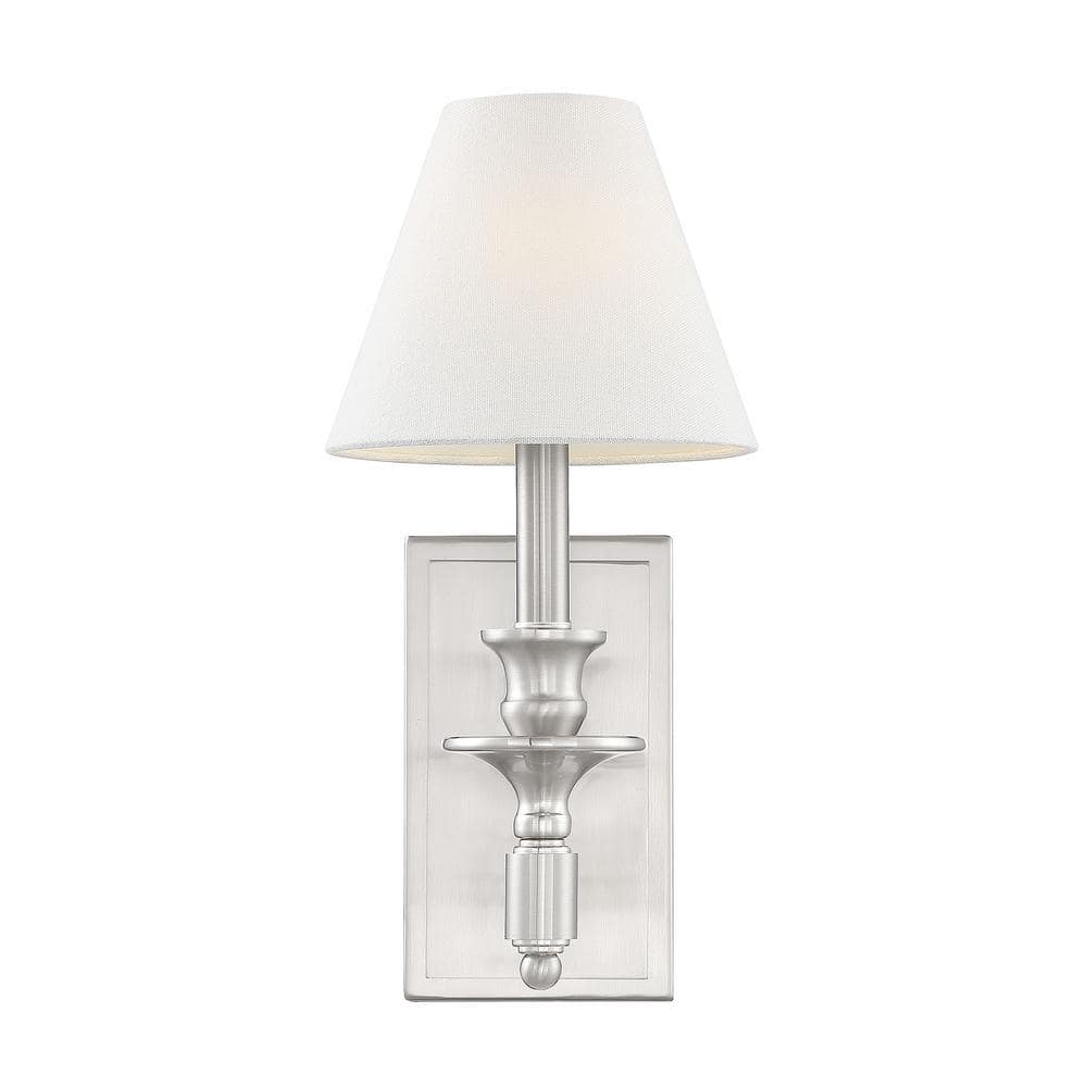 Washburn Satin Nickel 1-Light Wall Sconce with White Linen Shade