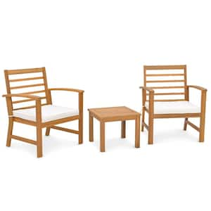 3-Pieces Acacia Wood Patio Conversation Set with Soft Seat White Cushions Outdoor