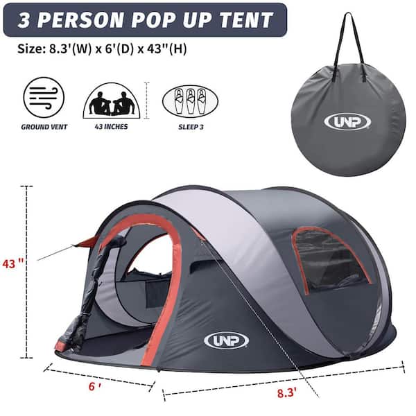 8 ft. x 3 ft. Gray Polyester Pop-up Camping Tent, 3 Person, Shade