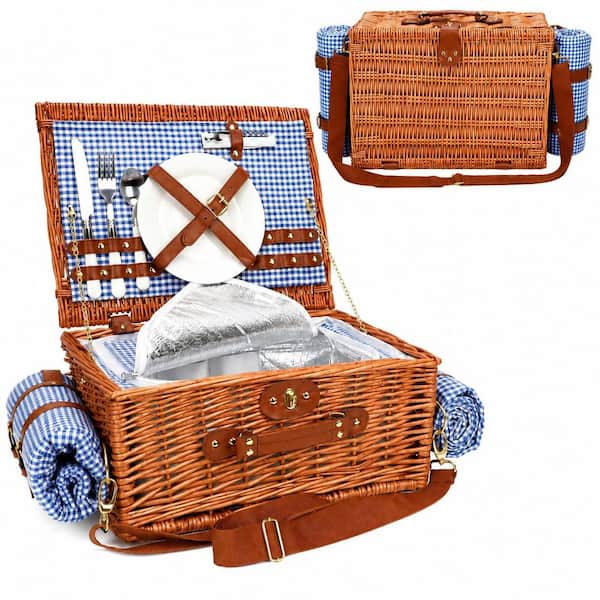 2-Piece Blue and White Willow Wicker Picnic Basket Set for 2 with Insulated Compartment and Blanket