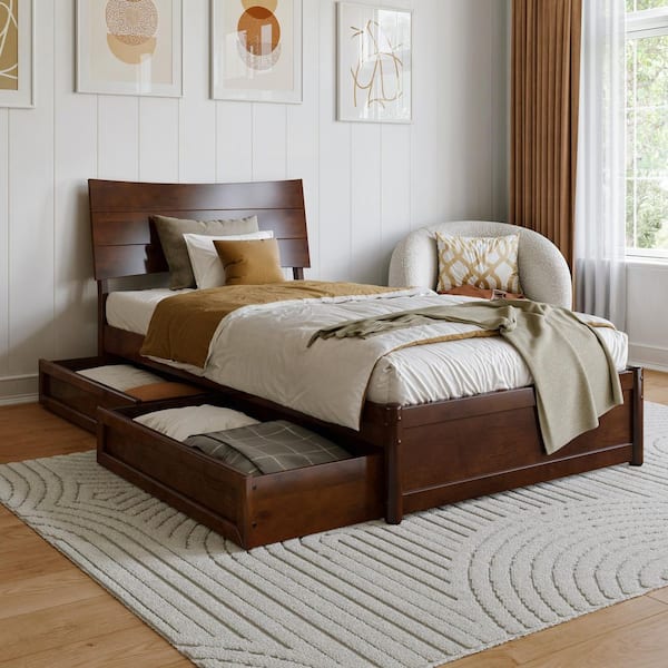 Harlowe Walnut Brown Wood Frame Twin XL Platform Bed with Storage Drawers
