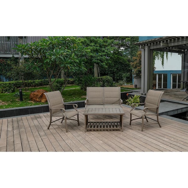 Afoxsos 4-Piece Aluminum Patio Conversation Set with Faux Wood Top Table and Quick Dry Cushioning Set