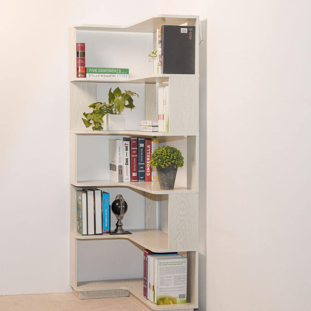 Styx 64.56 in. Tall White Wood 5-Tier Freestanding L-Shaped Corner Bookcase For Living Room