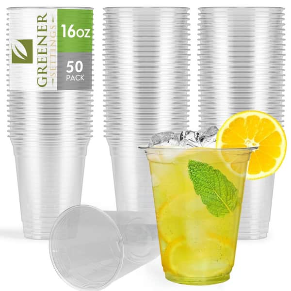 GREENER SETTINGS 16 oz. Clear Compostable Disposable Cups, Cold Drink Cups [50-Pack]