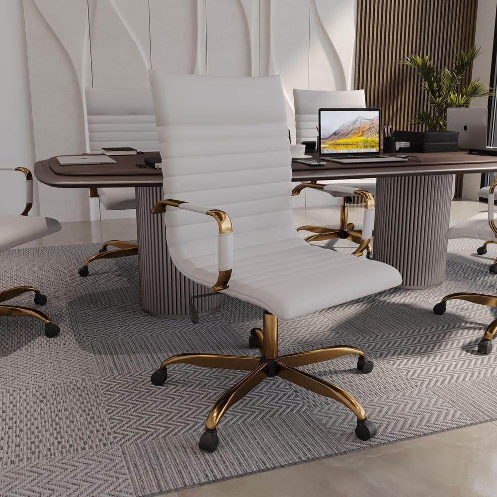 Harris High-Back Leather Office Chair Gold Frame Adjustable Height, Swivel, Tilt Conference Chair in White