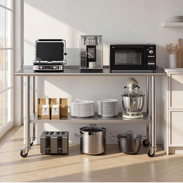 Stainless Steel Work Table 24 x 60 in., Wheels, Backsplash, Adjustable Shelf, Kitchen Prep Table for Restaurant
