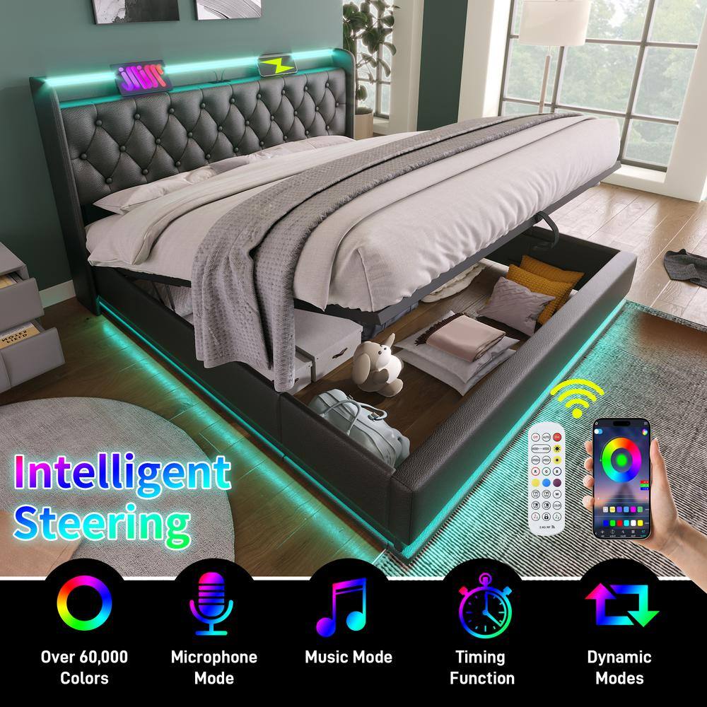 Black Wood and Metal Frame Upholstered PU Queen Platform Bed with Hydraulic Storage, USB Charging and 360° LED Light - thumbnail 4