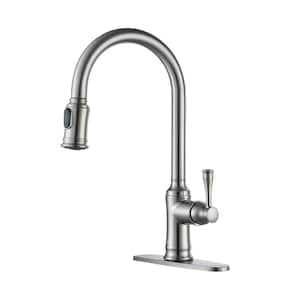Single Handle Pull Out Sprayer Kitchen Faucet High Arc with Pull Down Sprayer head, Deckplate Included in Brushed Nickel