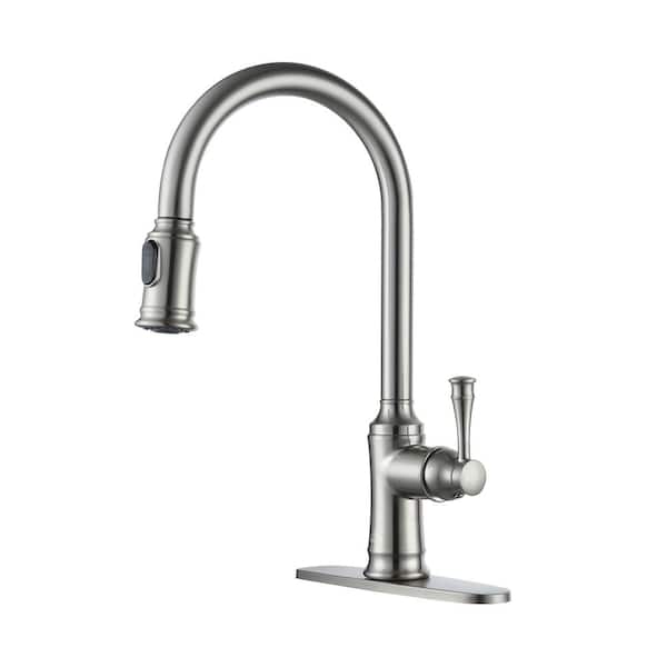CASAINC Single Handle Pull Out Sprayer Kitchen Faucet High Arc with Pull Down Sprayer head, Deckplate Included in Brushed Nickel