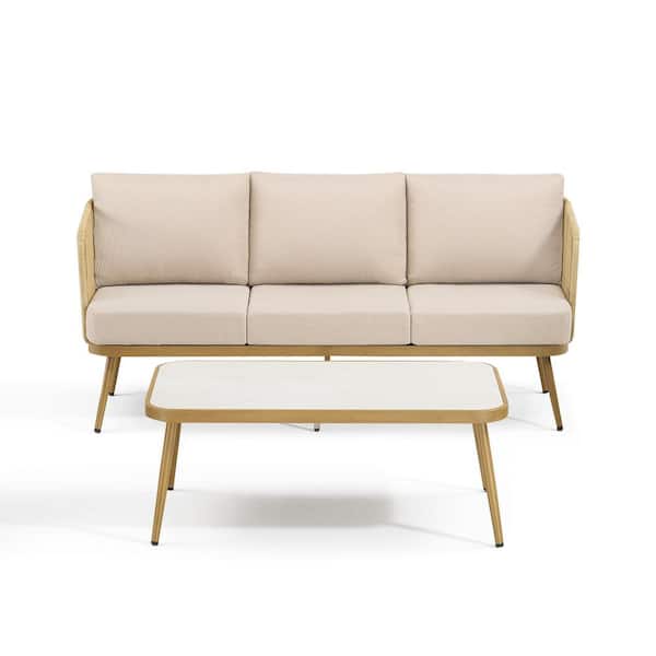 2-Piece Wicker Outdoor Couch Patio Sofa Daybed with Thick Beige Cushions and Coffee Table