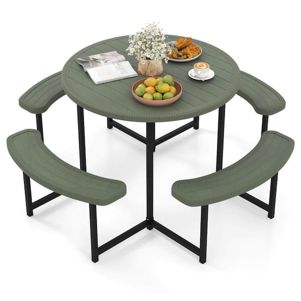 1-Piece Plastic Round Outdoor Dining Set Picnic Table Bench Set with Umbrella Hole All Weather Tabletop Green