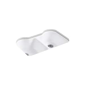 Hartland Undermount Cast Iron 33 in. 5-Hole Double Bowl Kitchen Sink in White