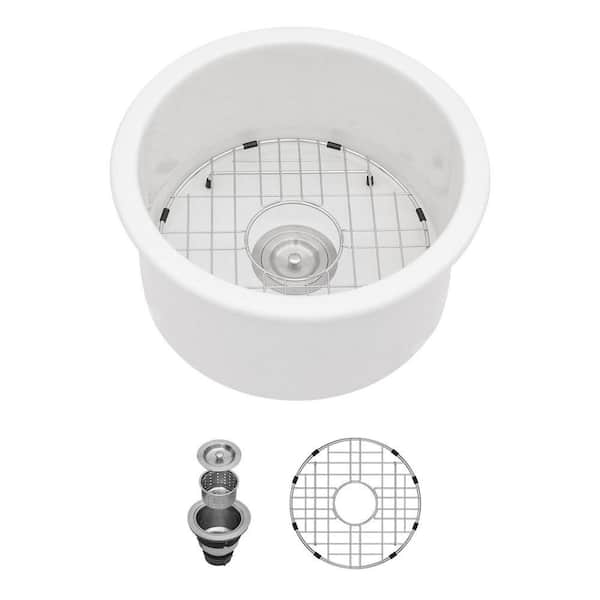 15.5 in. Undermount Ceramic Bar Sink Round White Bathroom Vessel Sink with Sink Grid