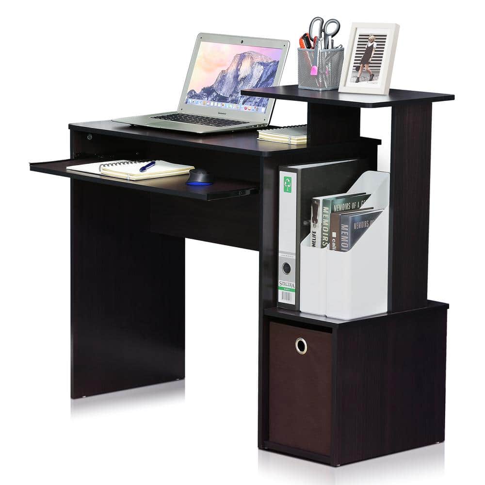 Dark Walnut Compact Computer Desk with Drawer and Keyboard Tray