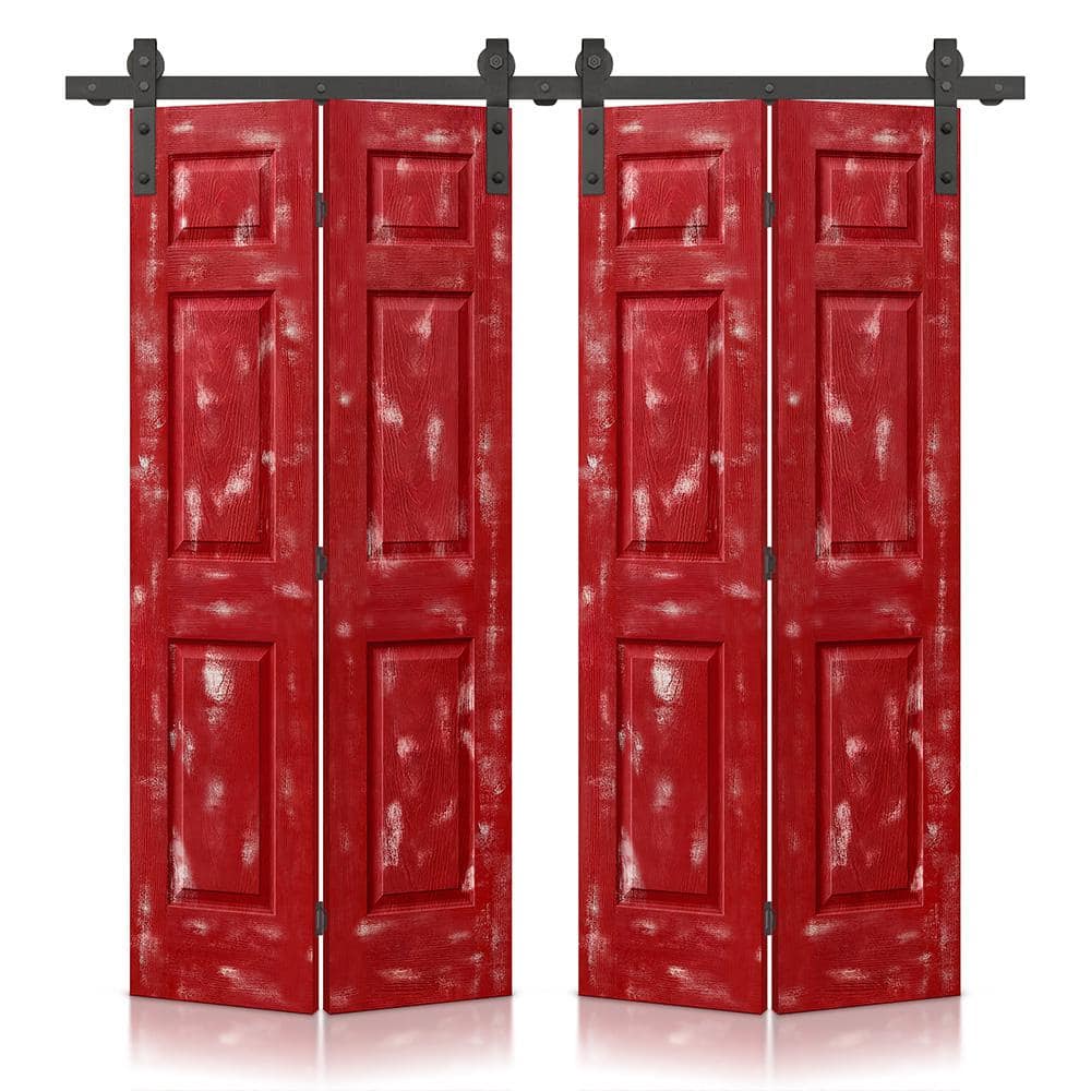48 in. x 84 in. Hollow Core Vintage Red Stain 6 Panel MDF Double Bi-Fold Barn Door with Sliding Hardware Kit price history on PriceWatchPro