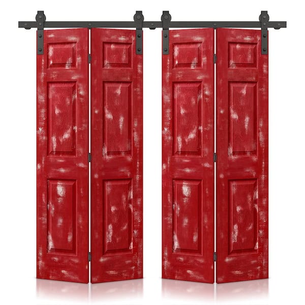 CALHOME 60 in. x 84 in. Hollow Core Vintage Red Stain 6 Panel MDF Double Bi-Fold Barn Door with Sliding Hardware Kit