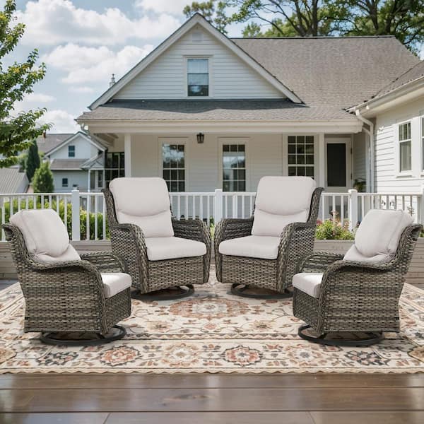 Crescent Gray Wicker PE Rattan Outdoor Swivel Rocker Patio Chairs with Olefin Beige Cushions (4-Pack)