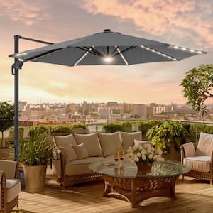 11ft.Cantilever LED Market Umbrella With a Base, Solar Energy Hanging With Aluminum Frame, Red