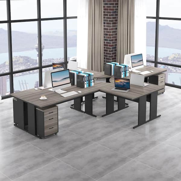 Capen 83 in. L-Shaped Grey Wood 3-Drawer Executive Desk Computer Desk Work Desk with File Cabinet