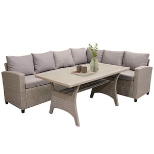 Brown 3-Piece PE Rattan Wicker Outdoor Patio Conversation Set with 1 Sofa, 1 Corner Bench, 1 Table and Brown Cushions