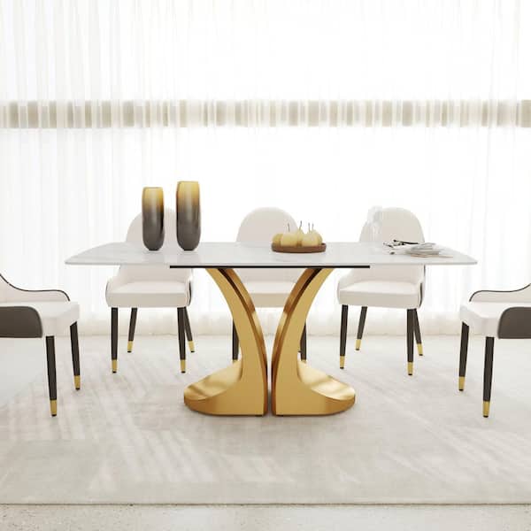 70.8 in. White Rectangle Round Edge Sintered Stone Top Pedestal Pandora Gold Metal Base Dining Table (Seats-8)