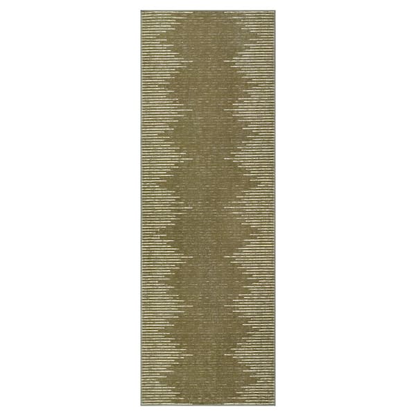 Washable Camel 2 ft. x 6 ft. Modern Striped Printed Rug Low Pile Soft Thin Carpet Stain Resistant Non-Slip, Area Rug