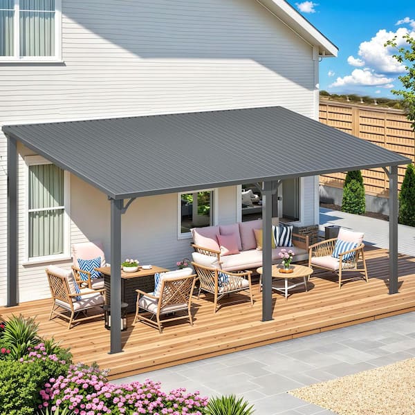 AECOJOY 16 ft. x 10 ft. Outdoor Pergola Hardtop Gazebo, Wall-Mounted ...
