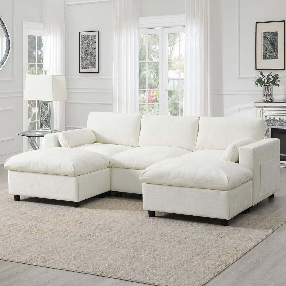 86.5 in. Square Arm 5-seat Chenille Convertible Sectional Sofa in. White with 2 Ottoman, 2 Storage Pockets