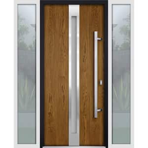 60 in. x 80 in. Left-Hand/Inswing 2 Sidelights Frosted Glass Natural Oak Steel Prehung Front Door with Hardware