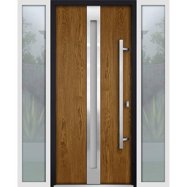 VDOMDOORS 60 in. x 80 in. Left-Hand/Inswing 2 Sidelights Frosted Glass Natural Oak Steel Prehung Front Door with Hardware