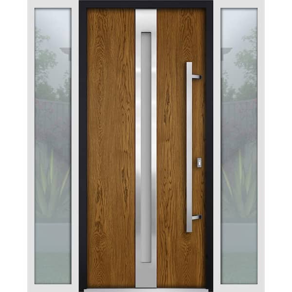 60 in. x 80 in. Left-Hand/Inswing 2 Sidelights Frosted Glass Natural Oak Steel Prehung Front Door with Hardware