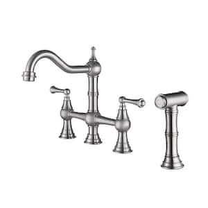 Double Handle Bridge Kitchen Faucet with Side Sprayer 4 Holes Elegent Brass Kitchen Sink Faucets in Brushed Nickel