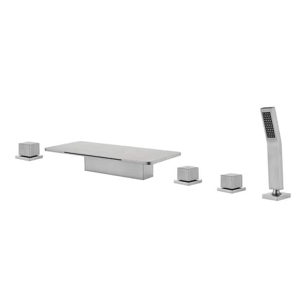 3-Handle Deck-Mount Roman Tub Faucet,5 Hole Waterfall Wide Spout BathtubShower Faucet with Hand Shower in Brushed Nickel