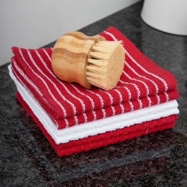 Ritz Red Cotton Terry Horizontal Stripe Bar Mop Kitchen Towel Set of 4