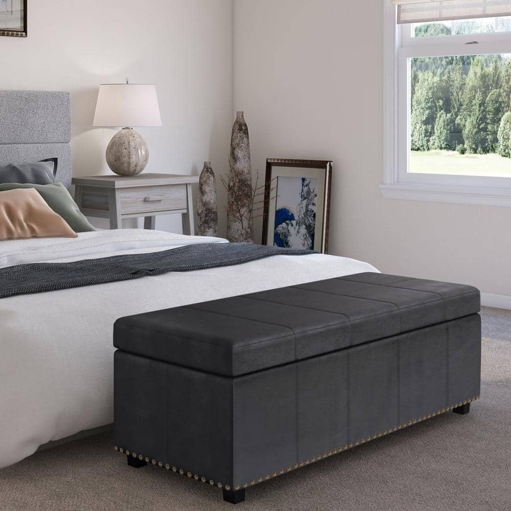 Transitional Distressed Black Tufted Large Storage Footstool